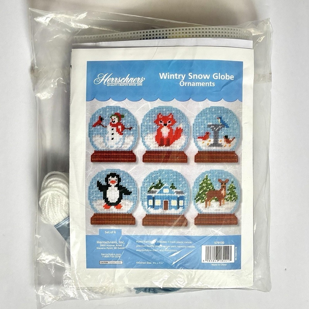Herrschners Wintery Snow Globe Ornaments Plastic Canvas Kit Set of 6 Christmas